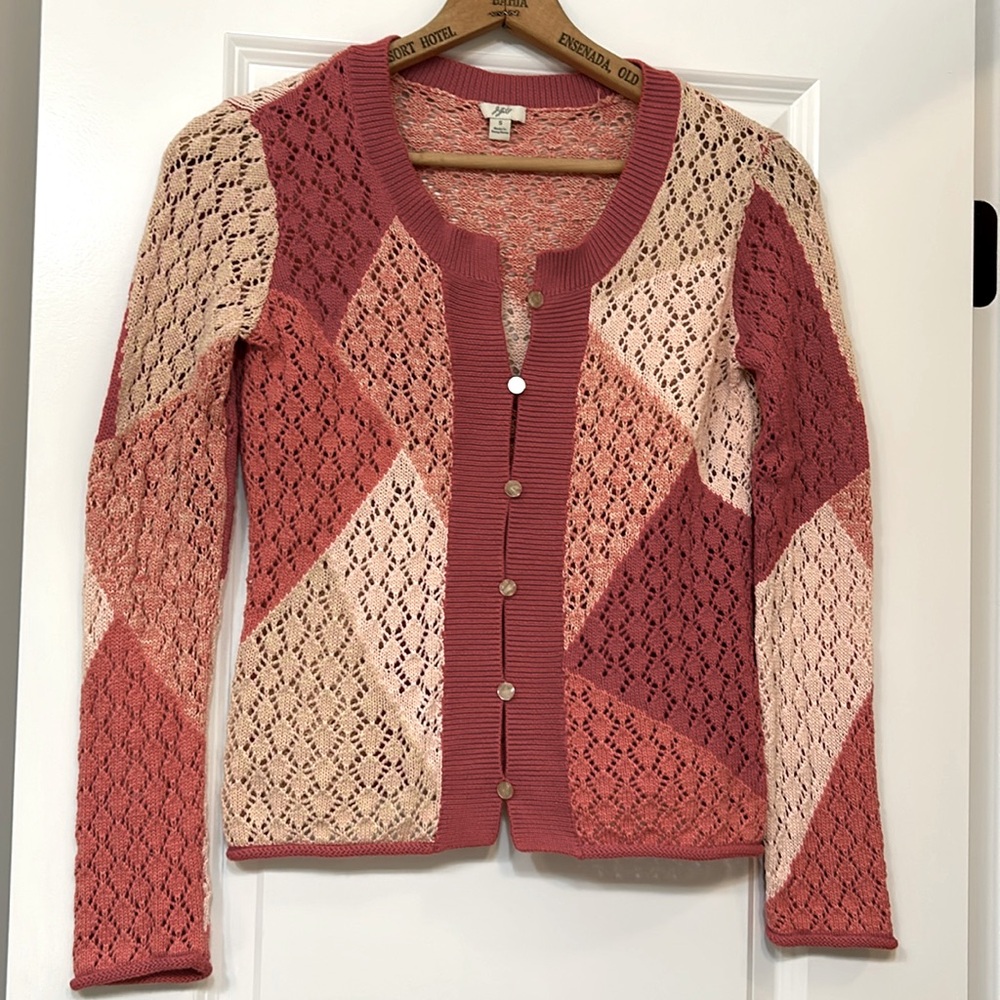 J Jill Color-Block Crochet Cardigan Sweater Cotton Linen Blend S w MEASUREMENTS